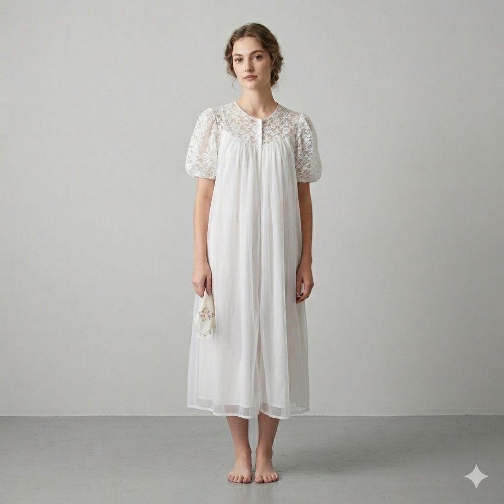 Vintage 60s Double Layered Semi-Sheer Chiffon Robe Peignoir Nightgown - M/L